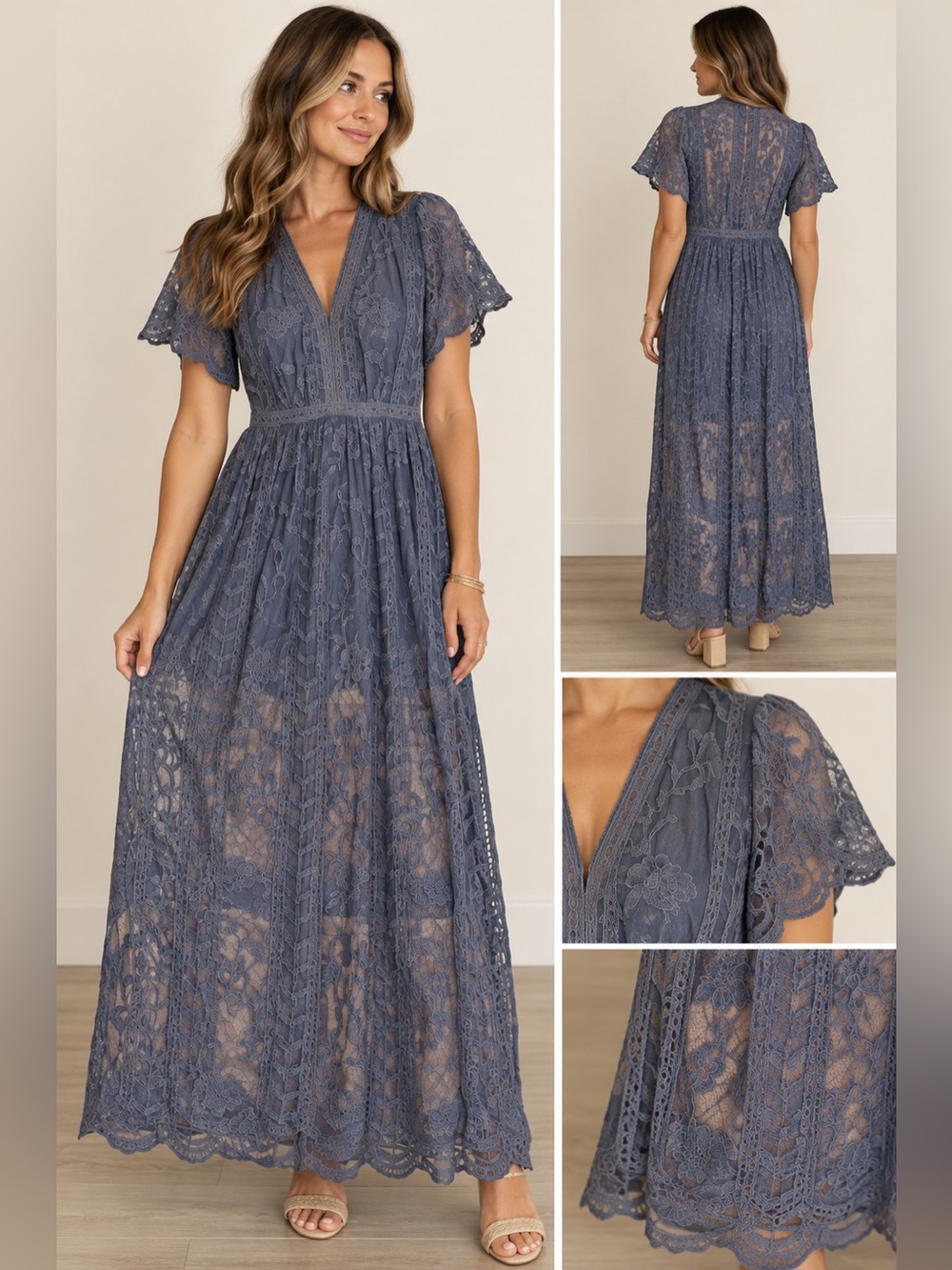 Socialite Dusty Blue Lace Flutter-Sleeve Maxi Dress with slits size large